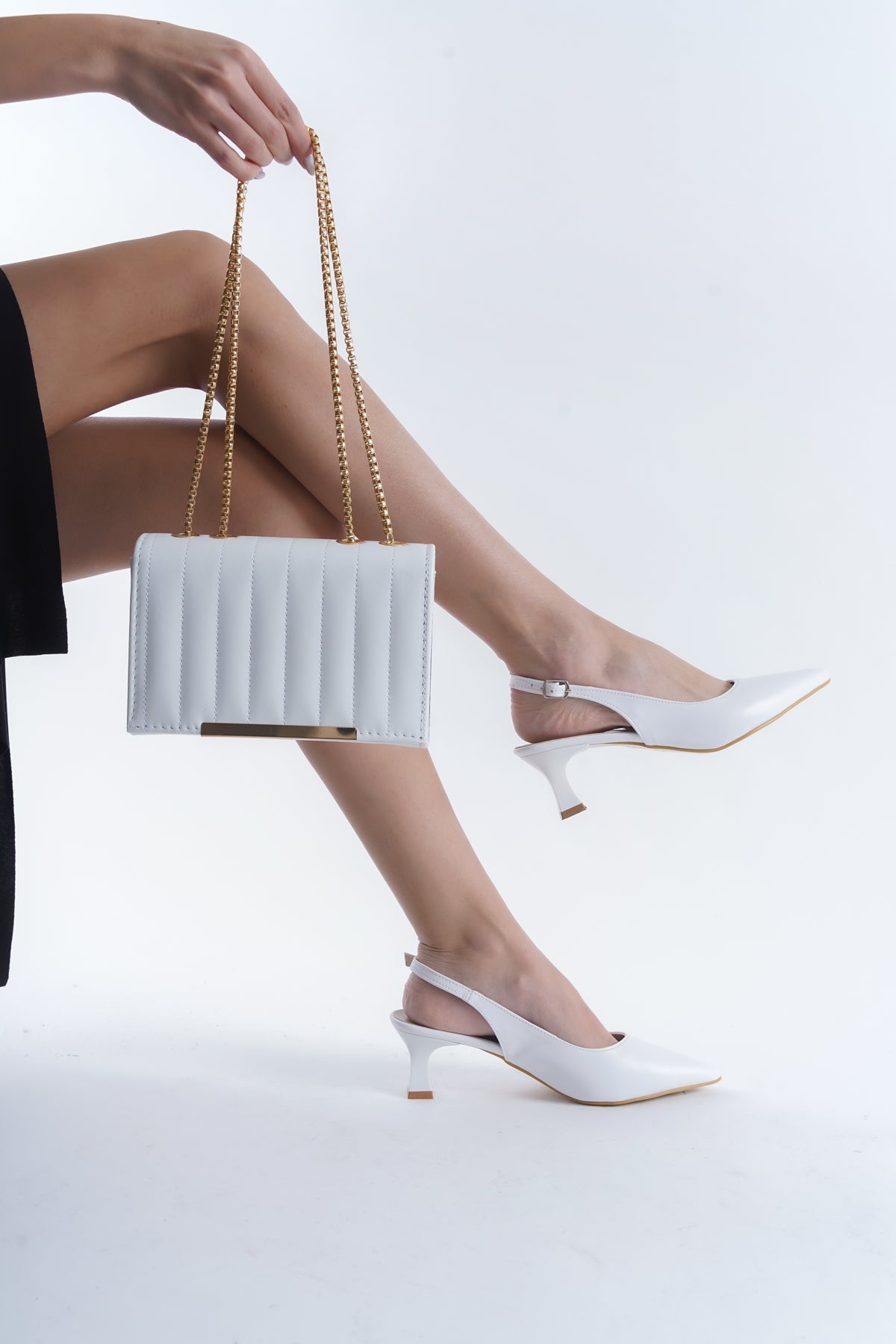 Zlato Beyaz Arkası Açık Topuklu Ayakkabı Ve Çanta Kombini Günlük Ve Özel Gün Rahat