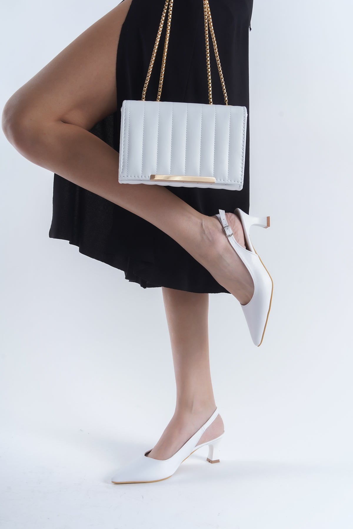 Zlato Beyaz Arkası Açık Topuklu Ayakkabı Ve Çanta Kombini Günlük Ve Özel Gün Rahat