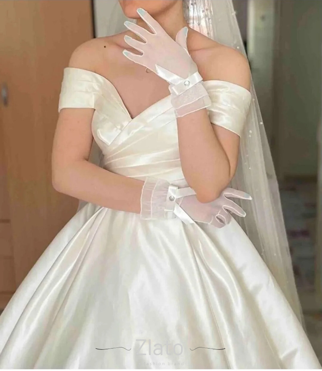 Zlato Beyaz Fiyonk Detaylı Şık ve Zarif Nikah Düğün Gelin Eldiveni