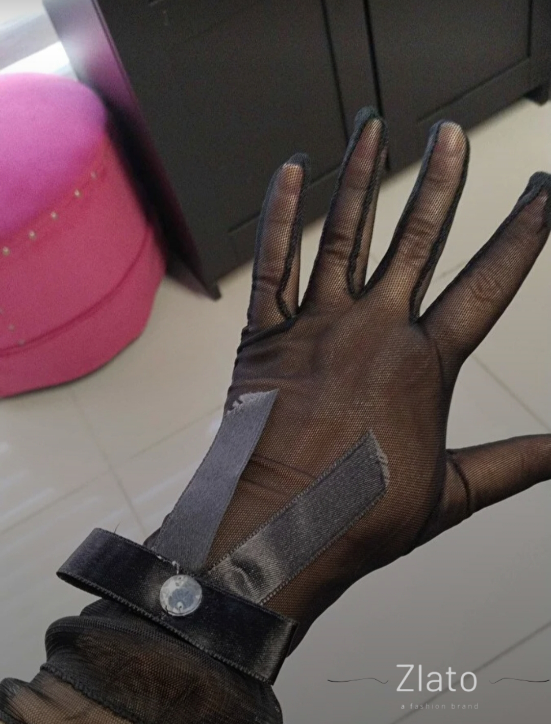 Zlato Siyah Fiyonk Detaylı Şık ve Zarif Nikah Düğün Gelin Eldiveni